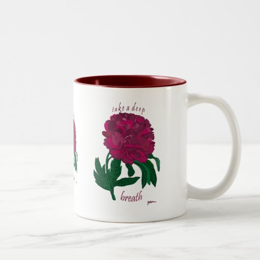 Red Peony neemt een diepe breath Tweekleurige Koffiemok (Rechts)