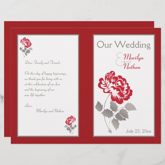 Red Peony op White met Taupe Wedding Programme (Voorkant / Achterkant)