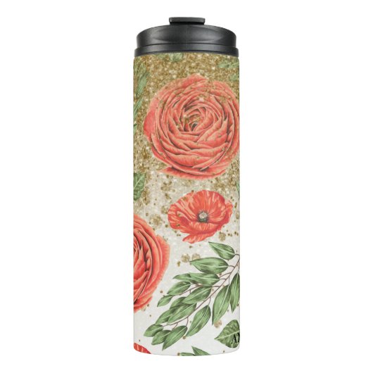 *~* Red PEONY POPPY Gold Glitter Floral Thermosbeker (Voorkant)