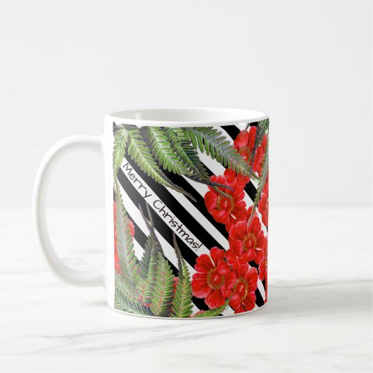Red Peony Roos Flowers Striped Merry Kerstmis Mok (Links)