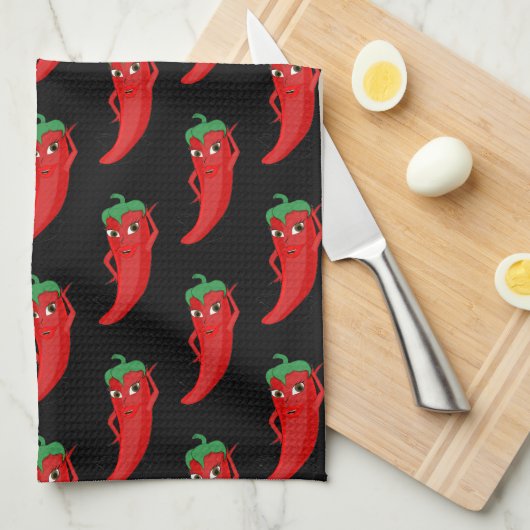 Red Pepper Diva Cartoon Patroon op zwart Theedoek (Quarter Fold)