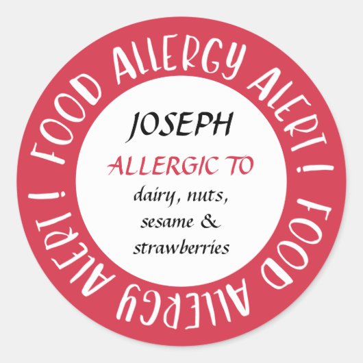 Red Personalised Food Allergy Alert Gepersonalisee Ronde Sticker (Voorkant)