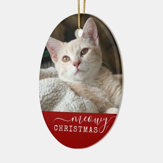 Red Personalized Cat Photo Meowy Kerstoval Keramisch Ornament (Links)