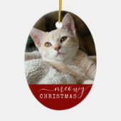 Red Personalized Cat Photo Meowy Kerstoval Keramisch Ornament (Voorkant)