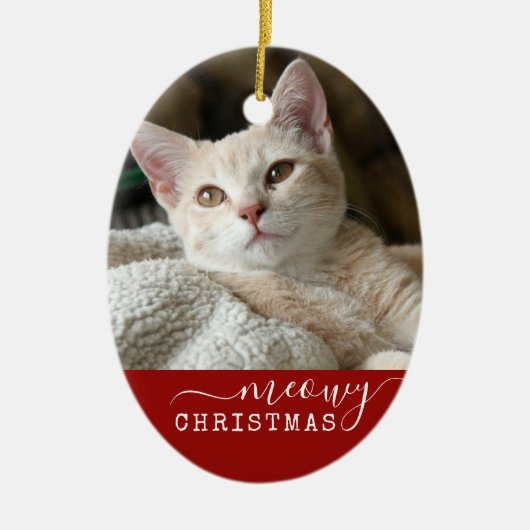 Red Personalized Cat Photo Meowy Kerstoval Keramisch Ornament (Voorkant)