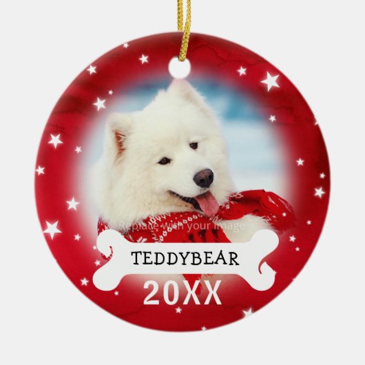 Red Personalized Dog Pet Foto Kerstversieringen Keramisch Ornament (Voorkant)