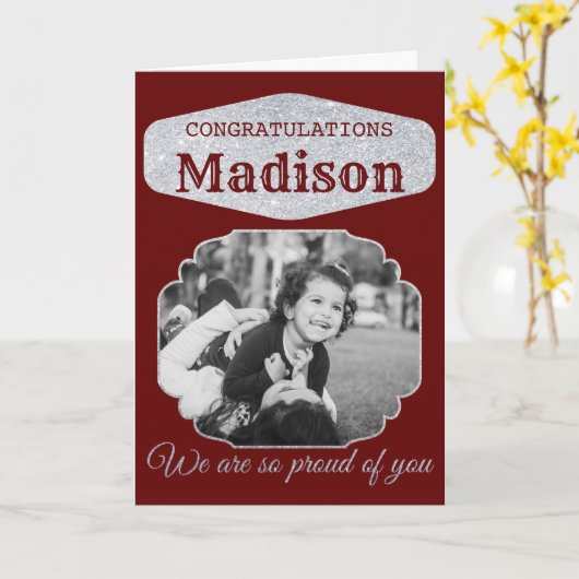 Red Personalized Glitter Afstuderen Kaart (Gele Bloem)