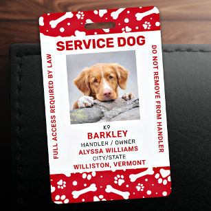 Red Personalized Paw Prints Service Dog Foto ID Badge