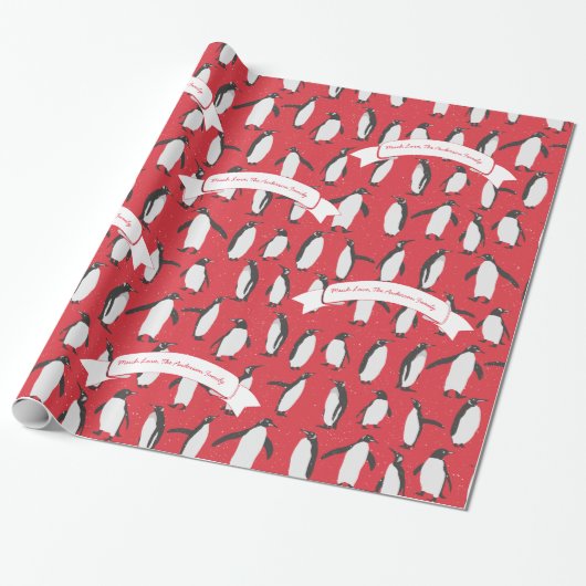 Red Personalized Penguin Patroon Cadeaupapier (Uitgerold)
