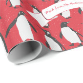 Red Personalized Penguin Patroon Cadeaupapier (Rol Hoek)