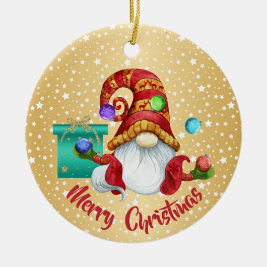 Red Pet Juggable Gnome Gold Star-achtergrond Keramisch Ornament (Voorkant)