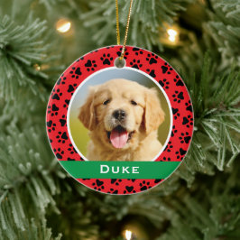 Red Pet Paw Drukt Aangepaste foto van de Dog Naam Keramisch Ornament