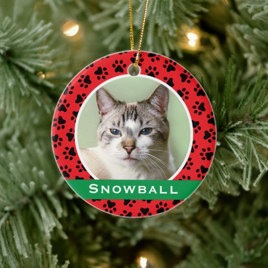 Red Pet Paw Drukt Aangepaste kattennaam Foto Keramisch Ornament (Boom)