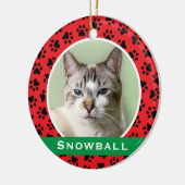 Red Pet Paw Drukt Aangepaste kattennaam Foto Keramisch Ornament (Links)