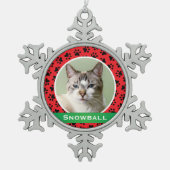 Red Pet Paw Drukt Aangepaste kattennaam Foto Tin Sneeuwvlok Ornament (Voorkant)