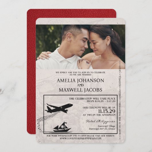 Red Philippines Passport Wedding Invitation Kaart (Voorkant / Achterkant)