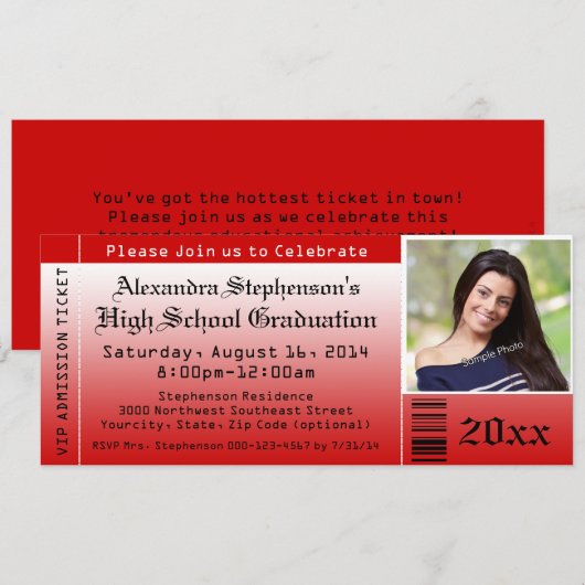 Red Photo Afstuderen Ticket-uitnodigingen Kaart (Voorkant / Achterkant)