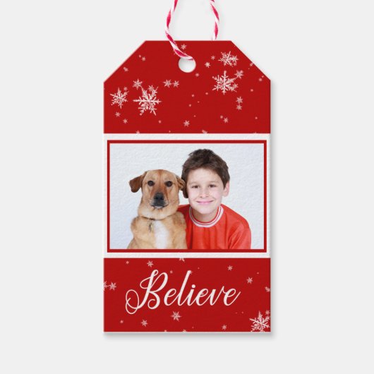 Red Photo Believe | label van witte sneeuwvlokken Cadeaulabel (Voorkant)