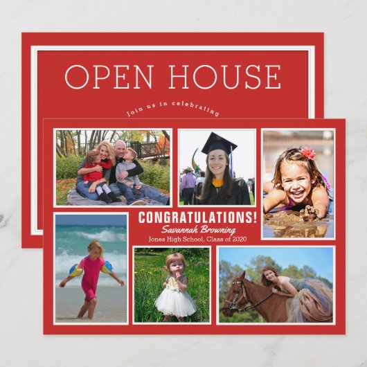 Red Photo Collage Afstuderen Open House Invitation Kaart (Voorkant / Achterkant)