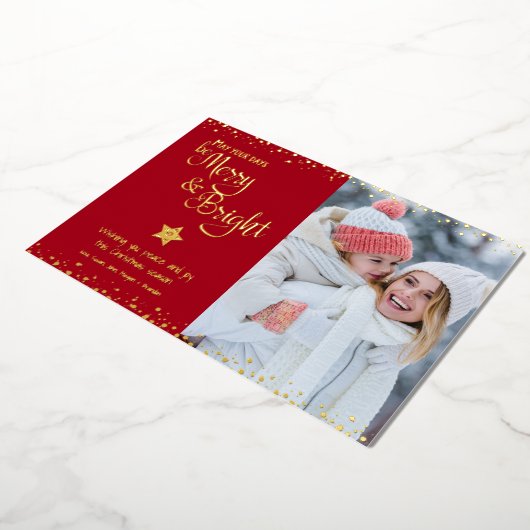 Red Photo Days Be Merry Bright Script Echt Goud Folie Feestdagenkaart (Gedraaid)