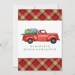 Red Pick-up Truck and Tree Flat-kerstkaart Aankondiging