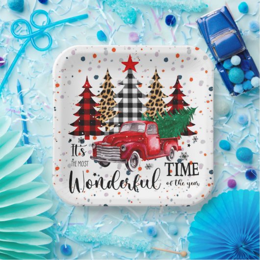 Red Pickup Christmas Bord Feestelijk Plezier (Feest)