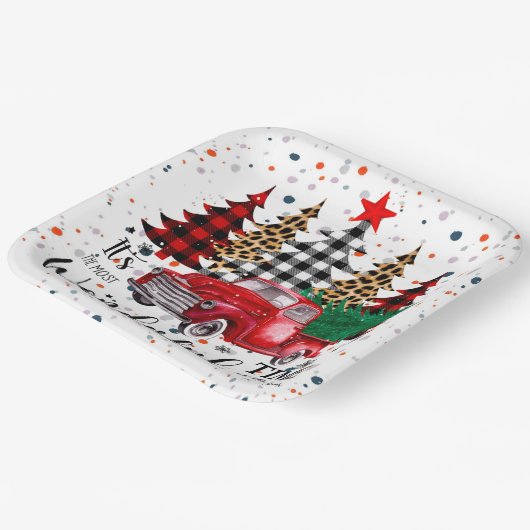 Red Pickup Christmas Bord Feestelijk Plezier (Gebogen)