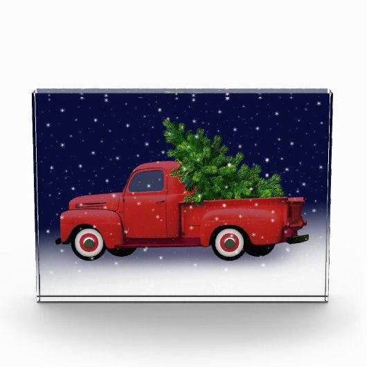 Red Pickup Truck Hauling met kerstboom Fotoblokken (Voorkant)