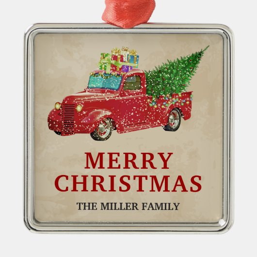  Red Pickup Truck Kerstmis Metalen Ornament (Voorkant)