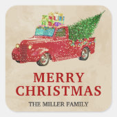  Red Pickup Truck Kerstmis Vierkante Sticker (Voorkant)