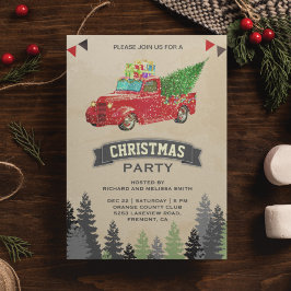  Red Pickup Truck Kerstparty Kaart
