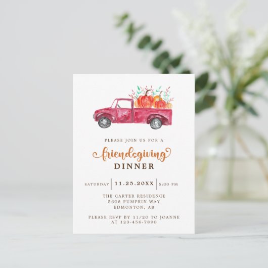 Red Pickup Truck Pumpkin Friendsgiving Elegant Briefkaart (Staand voorkant)