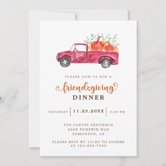 Red Pickup Truck Pumpkin Friendsgiving Elegant Kaart (Voorkant)