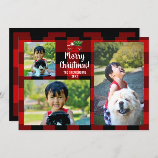 Red Pickup Truck Rustic Country Kerstmis 3 Foto Kaart (Voorkant / Achterkant)