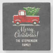 Red Pickup Truck Tree Merry Christmas Gepersonalis Stenen Onderzetter (Voorkant)