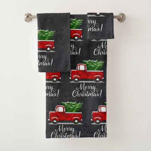 Red Pickup Truck Tree Merry kerst Land Bad Handdoek (Insitu)