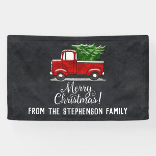 Red Pickup Truck Tree Merry kerst Land Spandoek