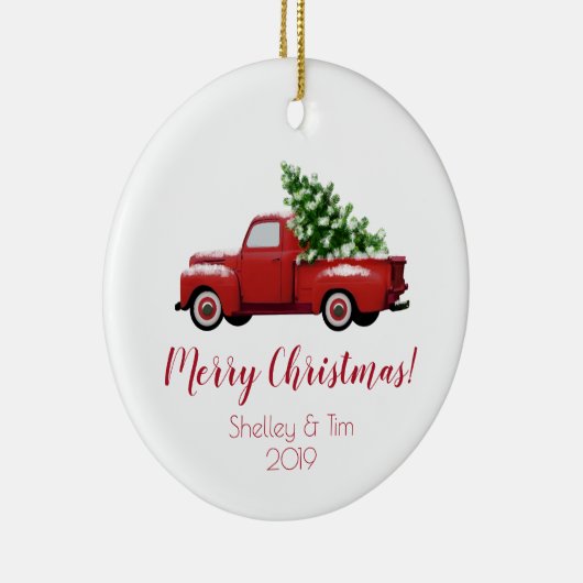 Red Pickup Truck | Vrolijk kerstfeest Keramisch Ornament (Rechts)