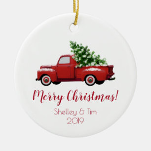 Red Pickup Truck Vrolijk kerstfeest Keramisch Ornament