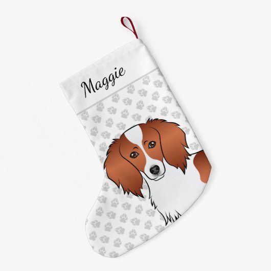 Red Piebald Long Hair Dachshund Cartoon Dog Head Kleine Kerstsok (Achterkant (Hangend))