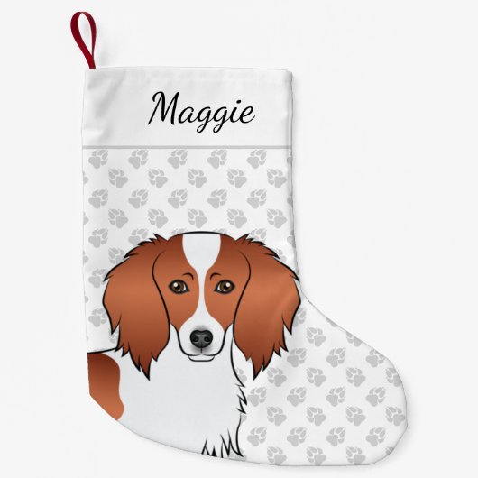 Red Piebald Long Hair Dachshund Cartoon Dog Head Kleine Kerstsok (Voorkant)