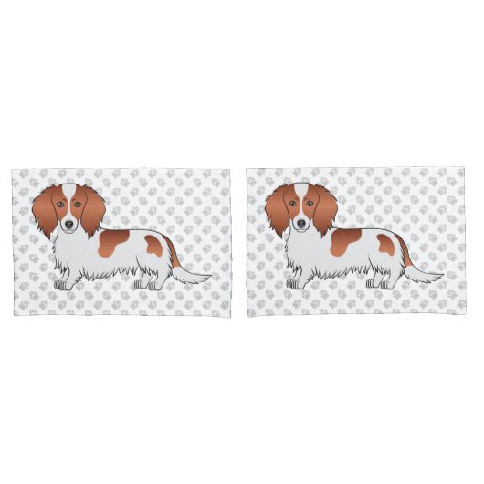 Red Piebald Long Hair Dachshund Cartoon Dog & Paws Kussensloop (Voorkant-Set)