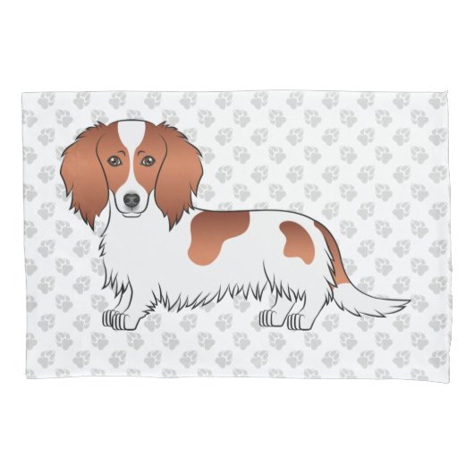 Red Piebald Long Hair Dachshund Cartoon Dog & Paws Kussensloop (Voorkant-Links)