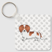 Red Piebald Long Hair Dachshund Cartoon Dog & Paws Sleutelhanger (Voorkant)