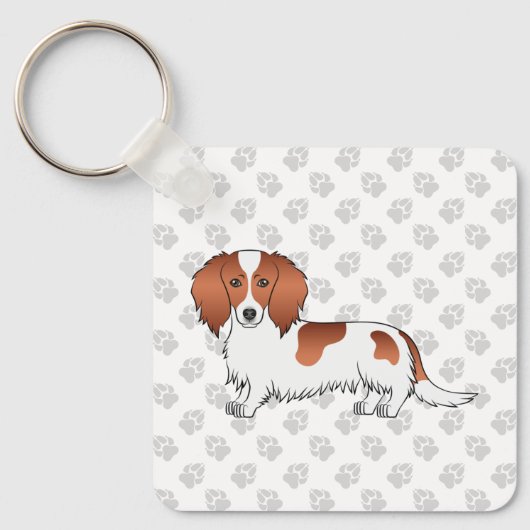 Red Piebald Long Hair Dachshund Cartoon Dog & Paws Sleutelhanger (Voorkant)