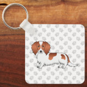 Red Piebald Long Hair Dachshund Cartoon Dog & Paws Sleutelhanger (Voorkant)