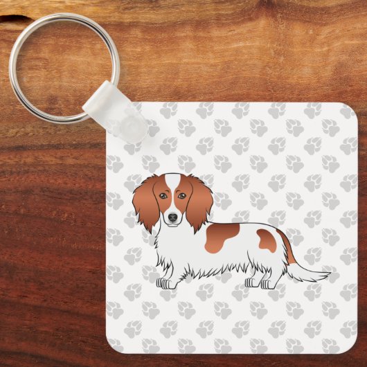Red Piebald Long Hair Dachshund Cartoon Dog & Paws Sleutelhanger (Voorkant)