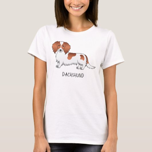 Red Piebald Long Hair Dachshund Cartoon Dog & Text T-shirt (Voorkant)