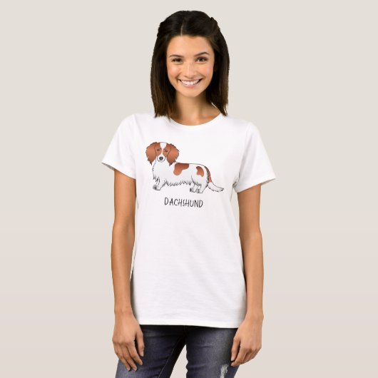 Red Piebald Long Hair Dachshund Cartoon Dog & Text T-shirt (Voorkant volledig)
