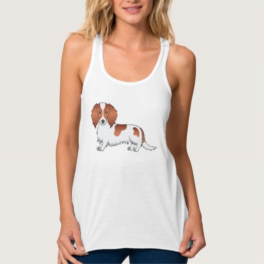 Red Piebald Long Hair Dachshund Cute Cartoon Dog Tanktop (Voorkant)